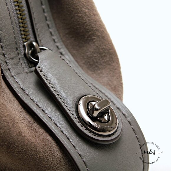 Coach Edie 42 Pebble Leather with Suede Sides Hobo Shoulder Bag Gray Tan - Picture 8 of 16
